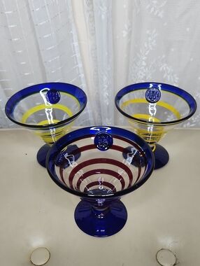3 PC Royal Caribbean Exclusive Cobalt Blue Yellow & Red Swirl Cocktail Glasses